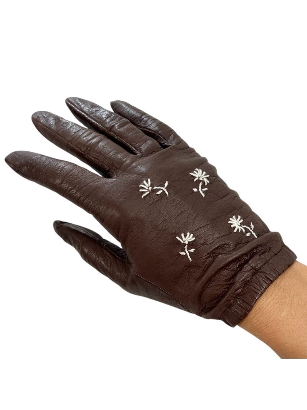 VTG 50s Gant Trefousse France brown leather embroidered short driving gloves 7
